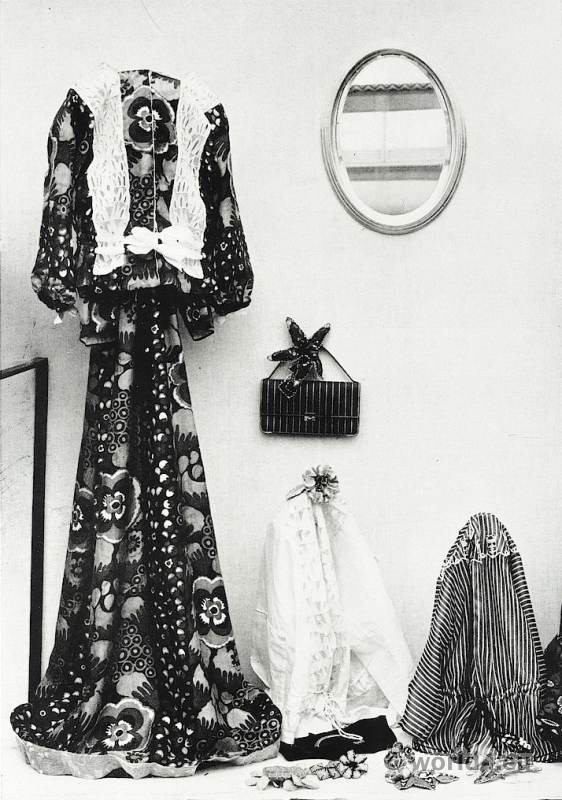 Blouses and dress in printed silk fabric by E. J. Wimmer.