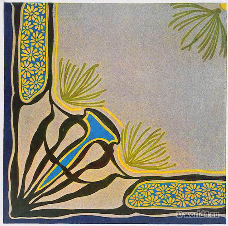 German Designer Paul Lang. Art Nouveau fabric design for sofa cushions. Textil patterns.