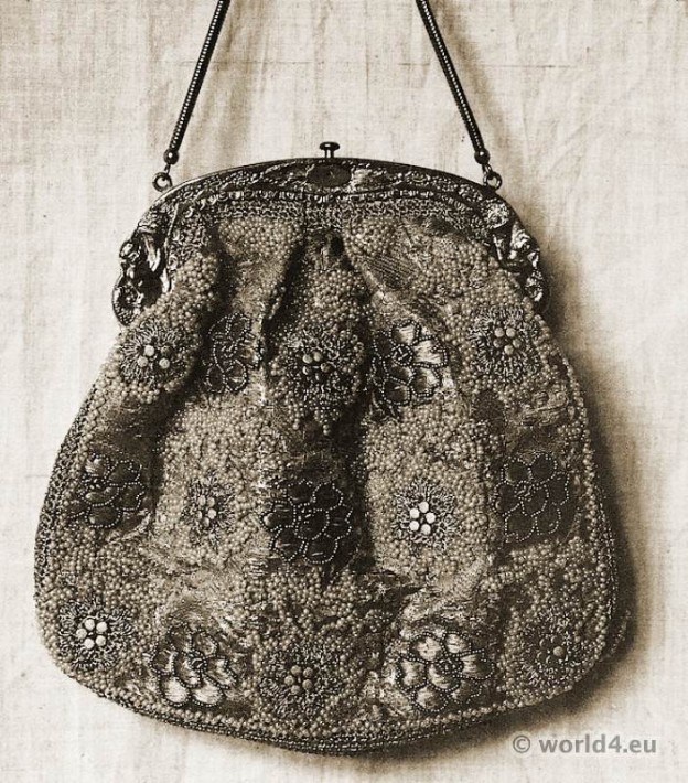 Bag with silk and beadwork by Else Wislicenus. Head of Textiles. Art nouveau textile design.