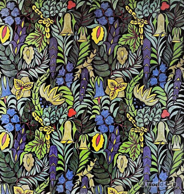 Herta Koch. Design print fabric. German embroidery textil designer. Darmstadt Wiener Secession. Art nouveau period.