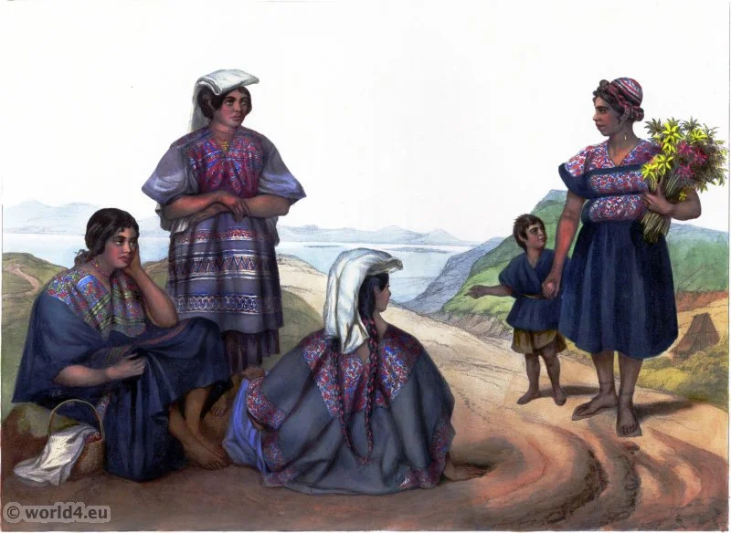 Indiennes de la Sierra. Traditional Mexican national costume. Indian natives clothing. Carl Nebel.