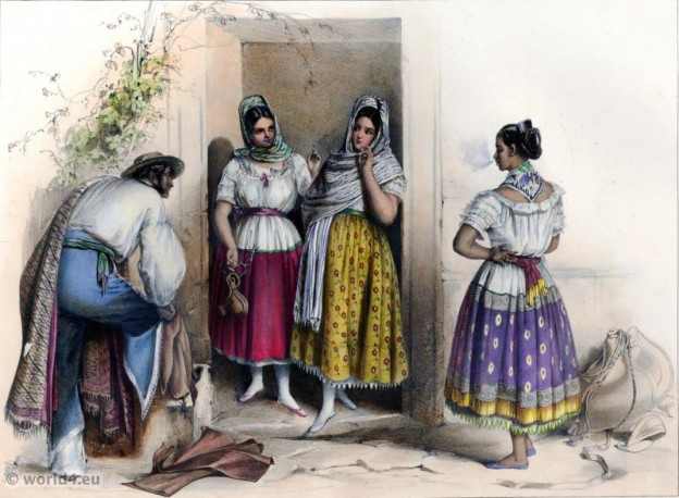 Traditional Mexican national costume. Poblanas. Carl Nebel. American Farmers and Peasants clothing