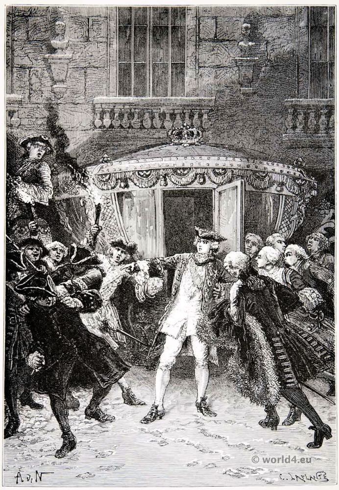 Assassination of King Louis XV. Robert-François Damiens. 17th century costumes. Rococo fashion.