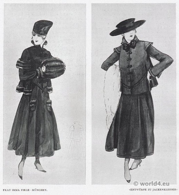 Designs for jacket dresses. Mrs. Irma Firle costumes, Munich 1917. German Modernist fashion.