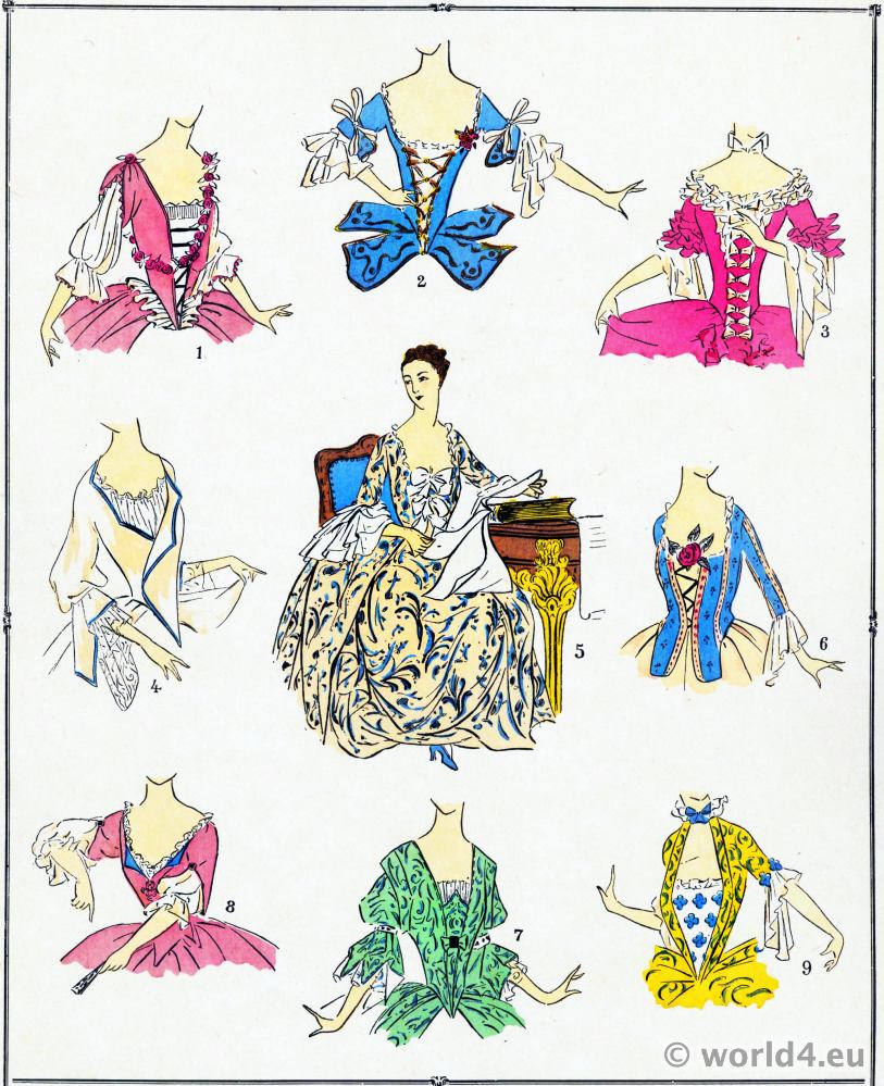 Bodices. Louis XV fashion. Rococo costumes. 18th century clothing