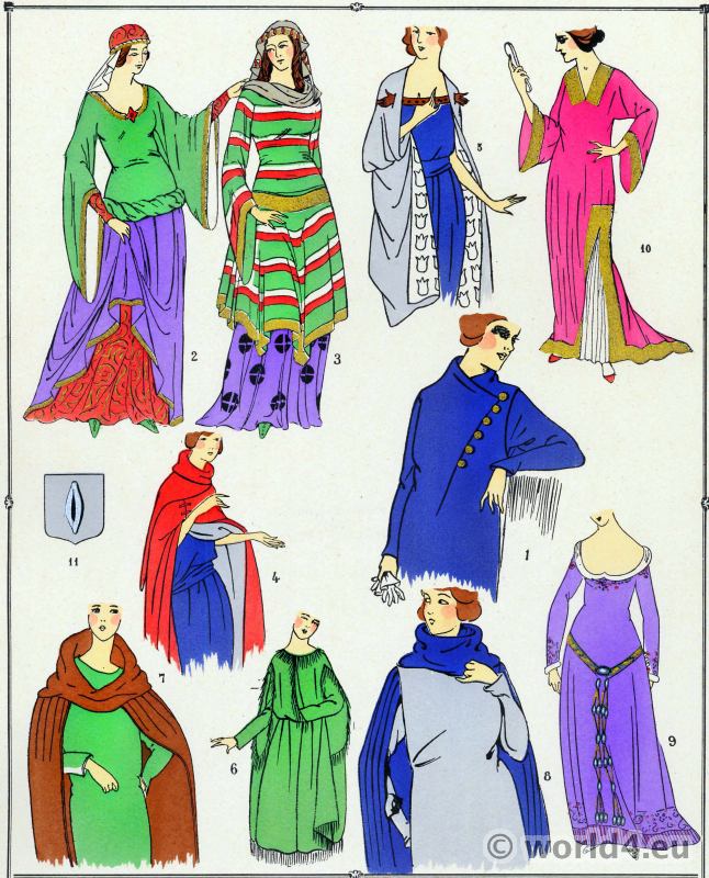 Robes. Les modes du Moyen Age. Costume féminin français.