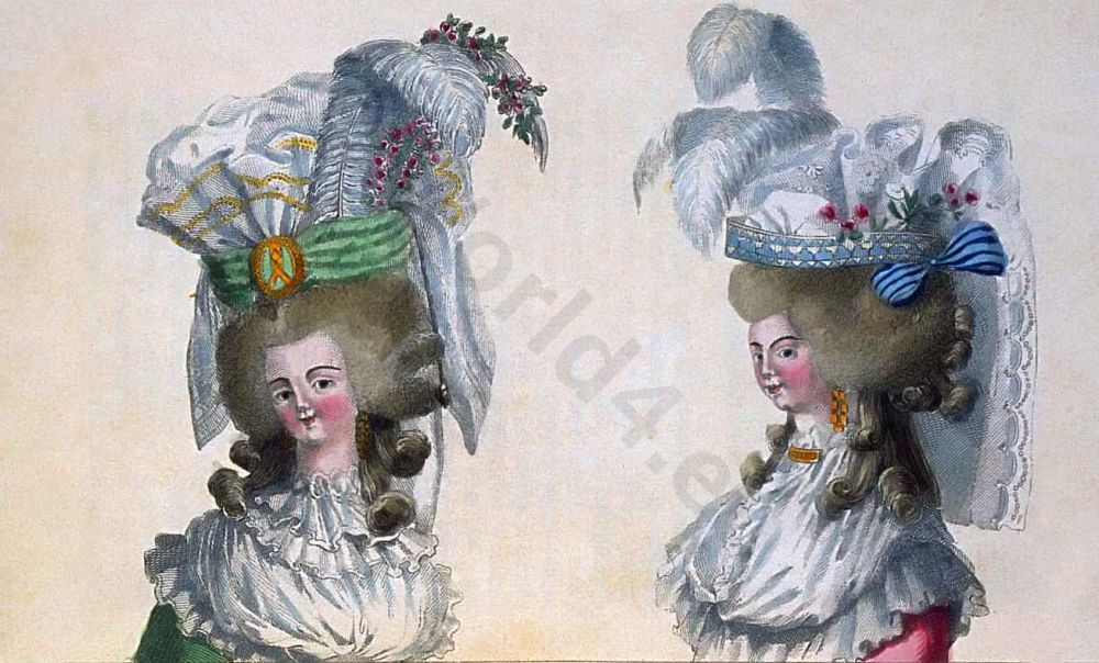 Leghorn Chips Headdresses, 1788 Paris. French Rococo costume. Hairstyle Hoop skirt. 18th century clothing
