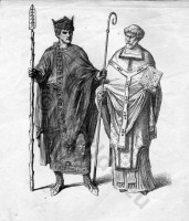 Medieval nobility clothing. Emperor Henry II. with bishop.