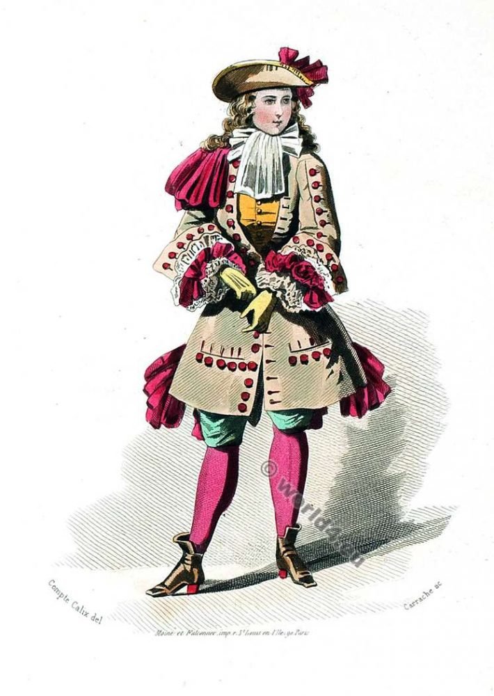 The characteristic features of the costume during the reign of Louis XIV.