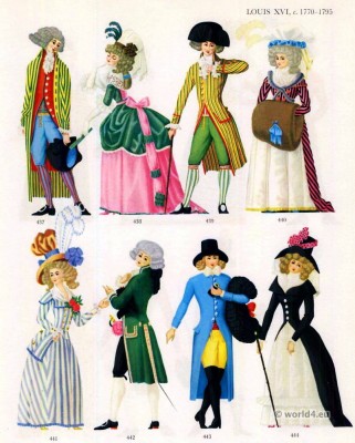 Louis XVI Fashion 1788-1789. French Rococo costumes. Court dress. Redingote. Hat à la androsmane