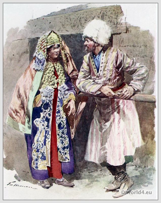 Traditional Russian costumes. Russia folk dress. Ethnic Tartars clothing.