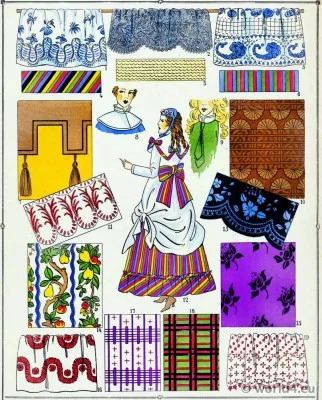 Second Empire fabrics. Victorian Fashion History. 19th century fashion. Embroidery. Second Rococo costumes.