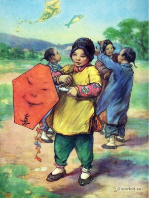 Chinese children. Chinese children costumes. Flying Kites