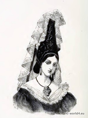 French traditional national costume. Normandy Headdress. 19th century fashion.