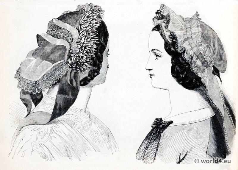 French caps fashion. La Mode illustrée 1860.