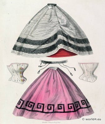 Petticoats, corsets and skirt fashion. Victorian Crinoline. Les Modes Parisiennes