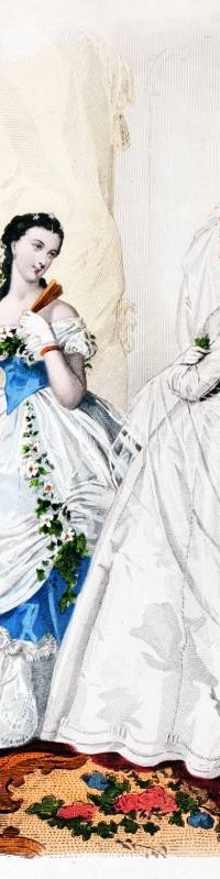 French second empire fashion. Victorian crinoline costumes. Farthingale. 19th century costume. Lace and lace making