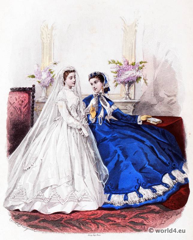 French second empire fashion. Victorian crinoline costumes. La Mode Illustrée. 19th century dress.