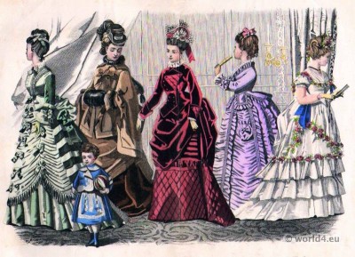 Godey's Fashions November, 1874. Victorian costumes. Crinolines. 19th century fashion.