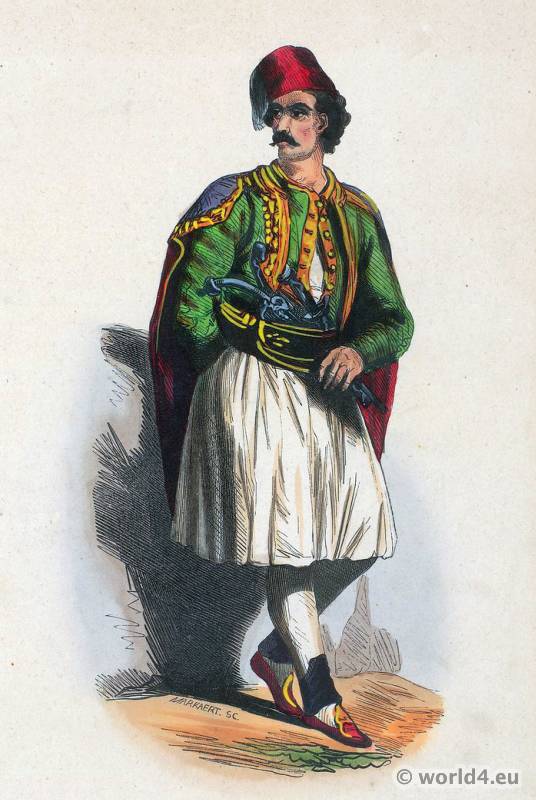 Men from Greece in Fustanella. Traditional Greek national costume. Greece Folk clothing. Ethnic dress.
