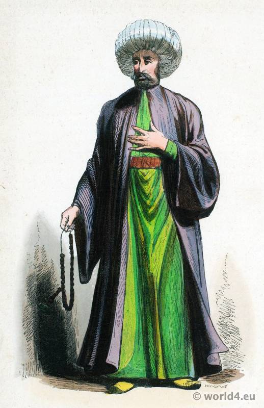 Imam costume of Turkey, Ottoman Empire garment. Muslim Ecclesiastical clothing. Kaftan Turban.
