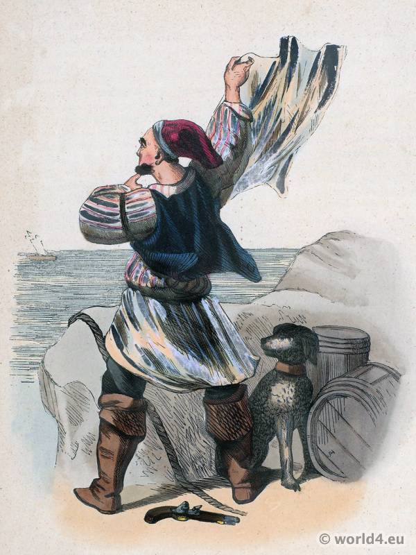 Smuggler of Grand Bretagne costume. Traditional Bretagne national costume. Bretagne Folk clothing. Ethnic garment