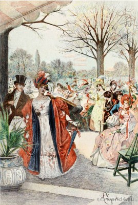 Romantic fashion costumes. French Restoration period