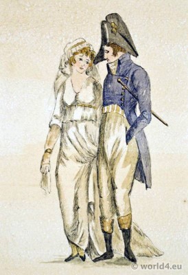 French revolution costumes. France Directory fashion. Incroyables. Merveilleuses.