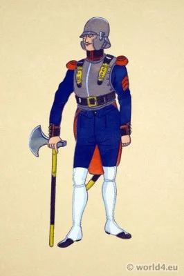 French firefighter uniform. Traditional French National Costumes. France Ethnic garment.