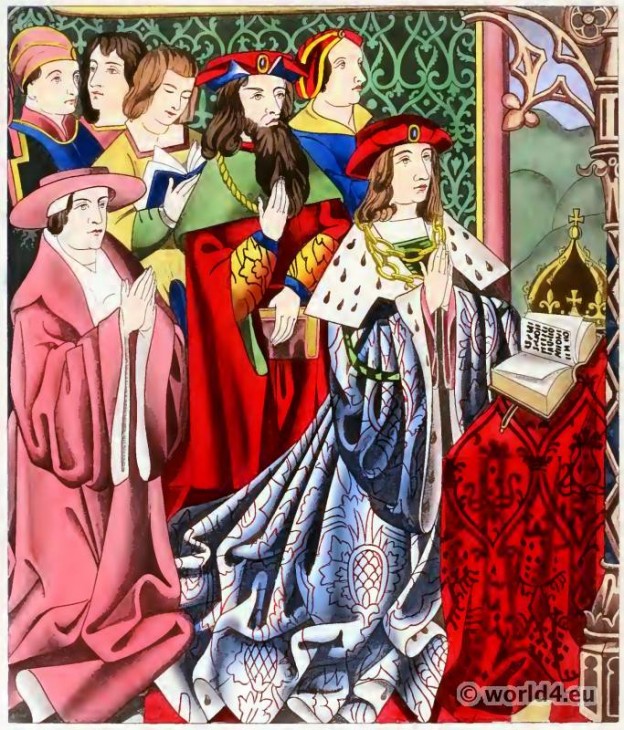 King Henry VI. 15th century costumes. England court dress. Medieval burgundy fashion