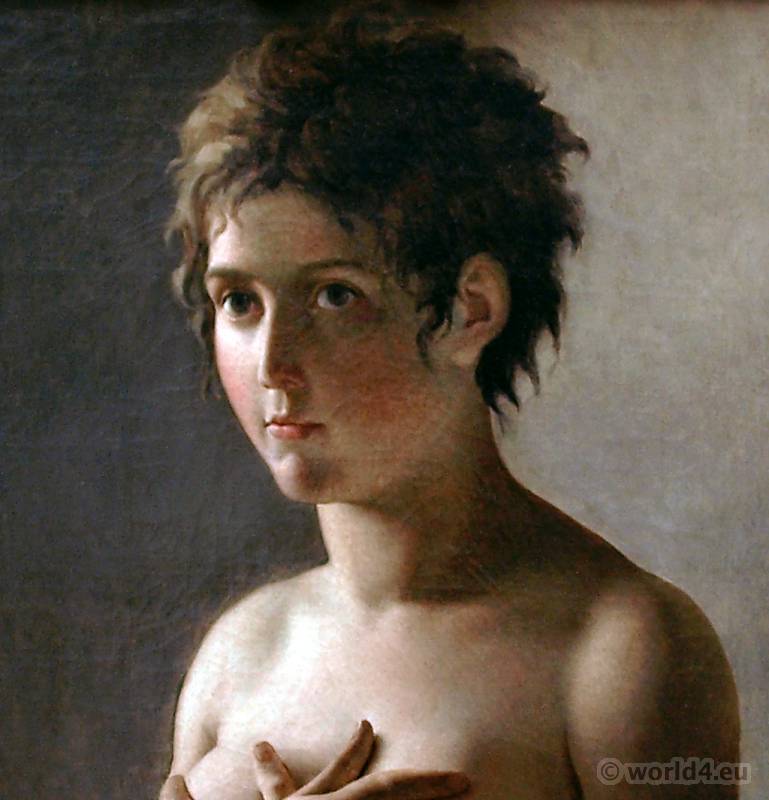 Merveilleuse, Hair à la titus. French Revolution, hairstyle. Hair à la titus. Directory fashion. Jeune Fille en Buste