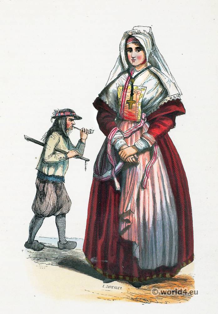 Brittany folk costumes. Traditional France national costumes. Breton Ethnic garment.