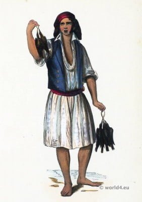 Poultry merchant. Pardilhó folk dress. Traditional Portugal national costumes. Portugese garment.