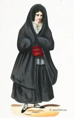 Portogese folk dress. Traditional Portugal national costumes. Portugese Ethnic garment.