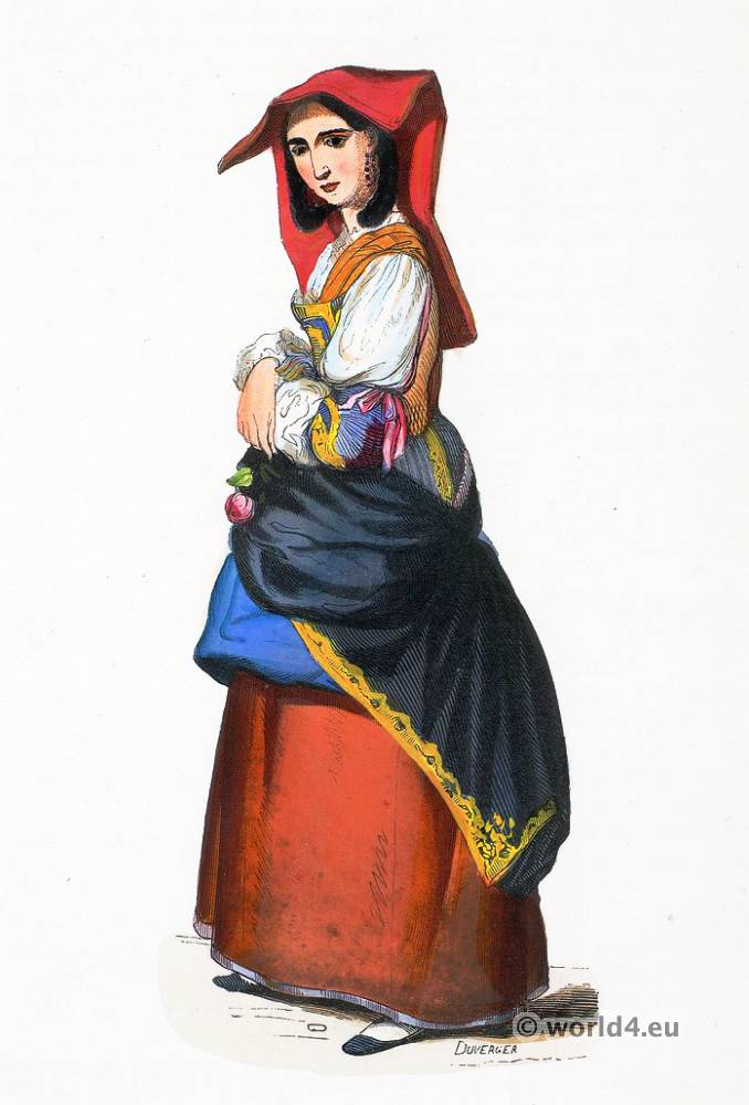 Salerno folk costume. Traditional Italy national costumes. Italian Ethnic garment.
