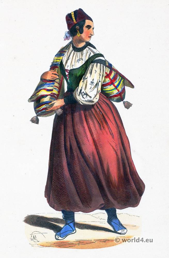 Castile folk costume. Traditional Spain national costumes. Spanish Ethnic garment.