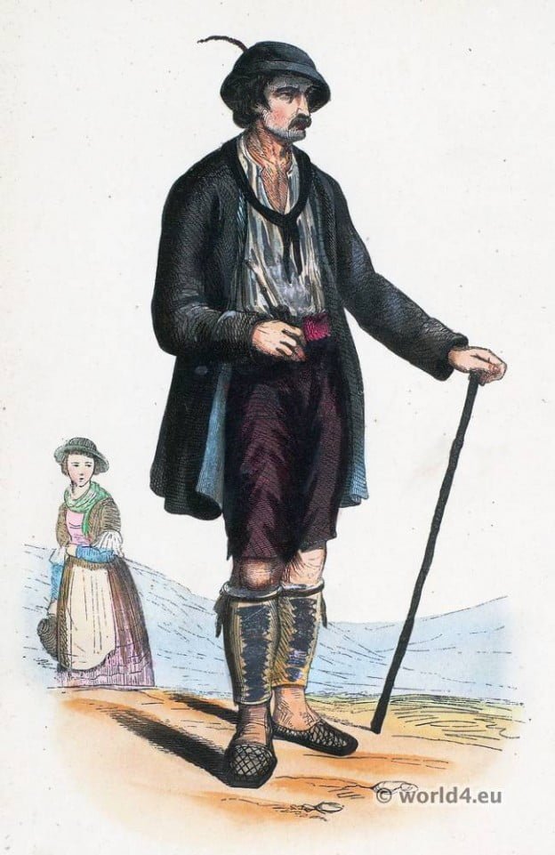 Valley Dux folk costume. Traditional Austria national costumes. Tyrol Ethnic garment.