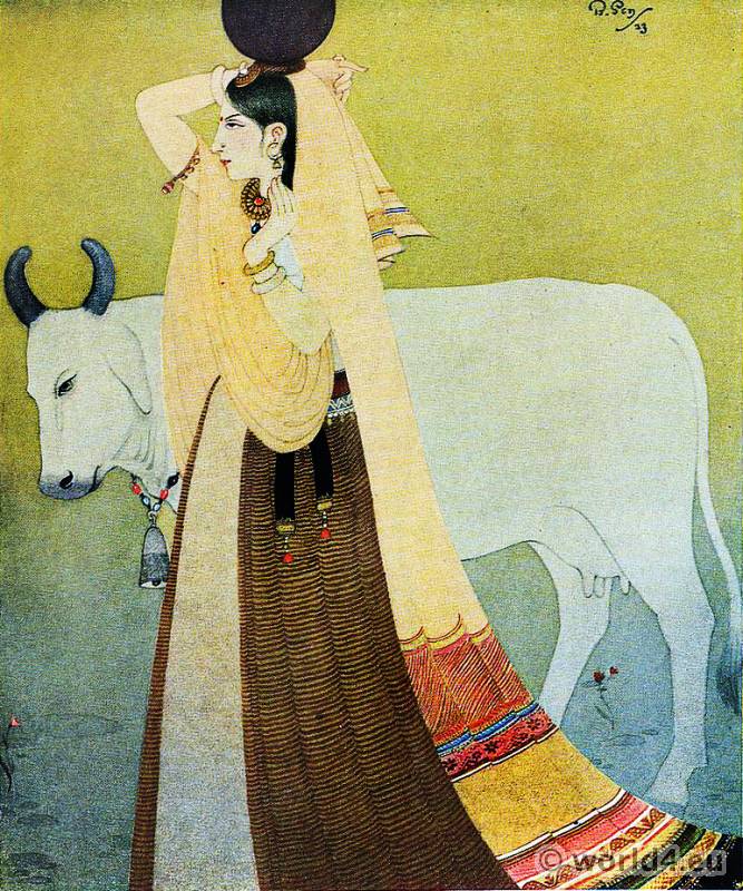 Bireshwar Sen. India Artist. Hindu indian costume painting. India Artist Bireshwar Sen