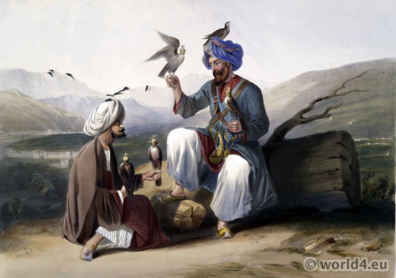 Falconry Costumes Kohestan, Kapisa, Afghanistan. Traditional Afghanistan National Costumes. Illustrations James Rattray.