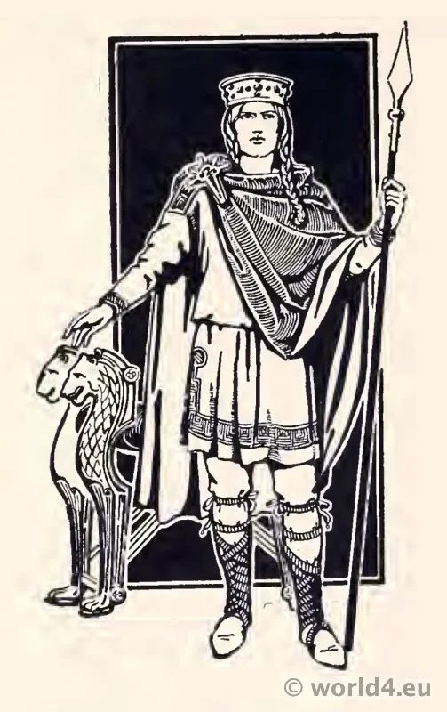 Costume Merovingian King of the Salian Franks. Clodian of the Long Hair. Merovingian dynasty.