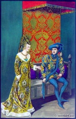 sabelle of Portugal and Philippe le Bon. Gothic Medieval costumes 15th century. Gothic Medieval costumes 15th century. Fashion Burgundy court dresses. Hennin. Headdresses