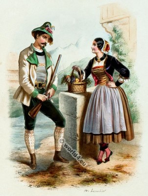 Traditional Tyrol costumes. Austrian national folk costume.