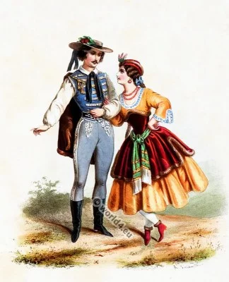 Traditional Hungary costumes. Hungarian national folk costume.