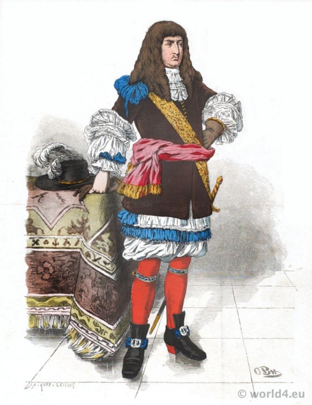 German baroque aristocracy costume. Franz Lipperheide. 17th century Louis XIV clothing. Allonge wig