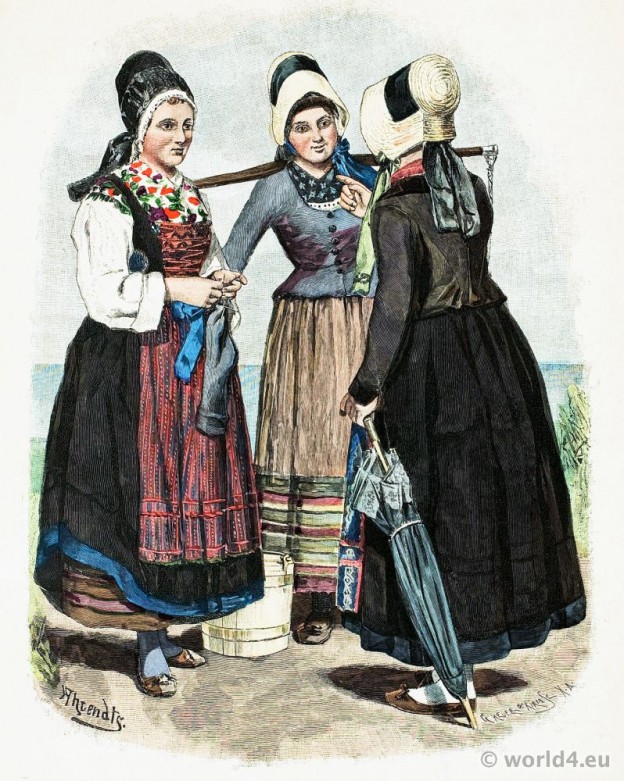 Traditional German national costume. Fishermen's wives folk dresses from the island of Rügen.