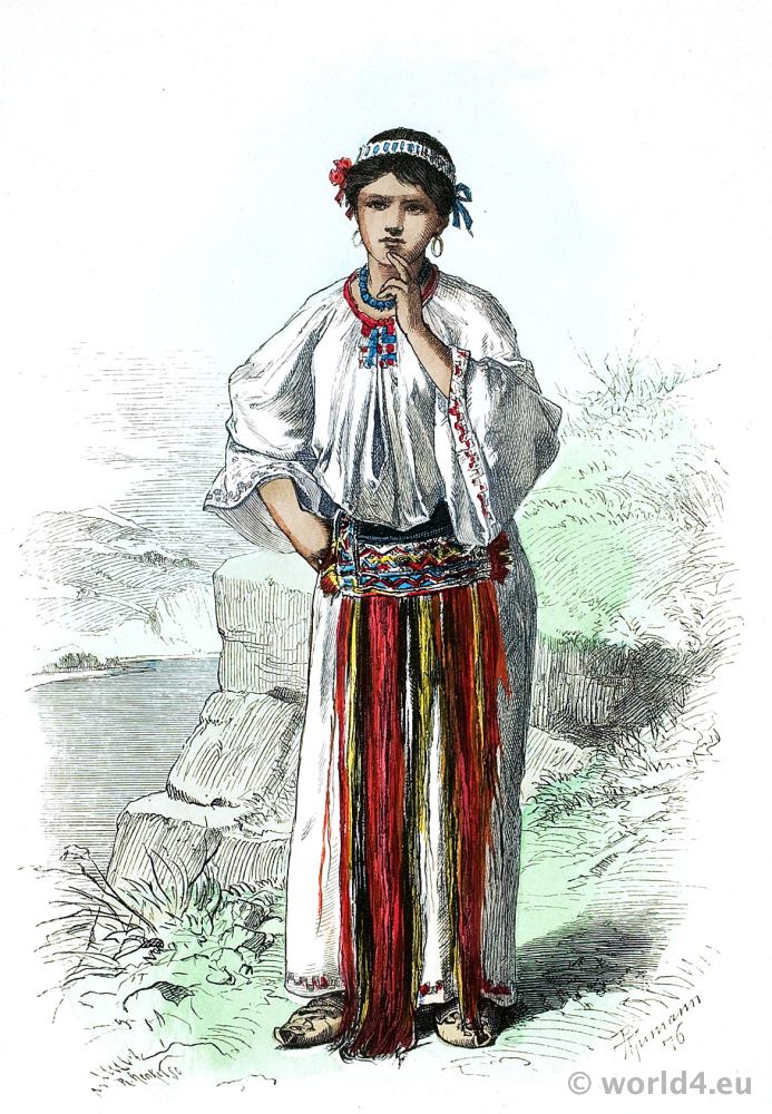 Wallachian folk dress. Woman from Orsova, Hungary 1875.