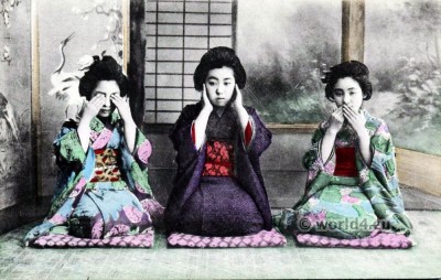 Three Wise Monkeys. Japan Geisha kimono. Traditional Japanese costumes