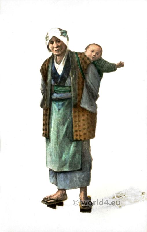 Old Woman from Japan carrying baby. Traditional Japanese costumes