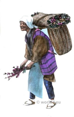 Flower seller. Traditional Japan costume. Native Japanese female.