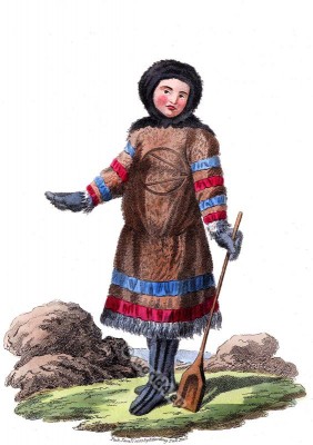 Samoyed, Nenets indigenous people folk dress. Northern arctic Russia costume